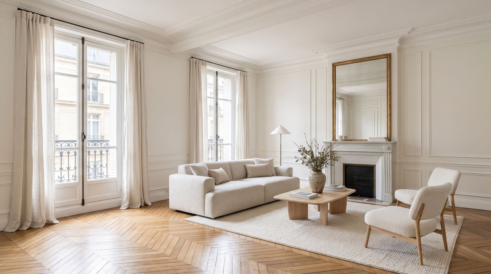 Salon lumineux d'un appartement haussmannien à Paris
