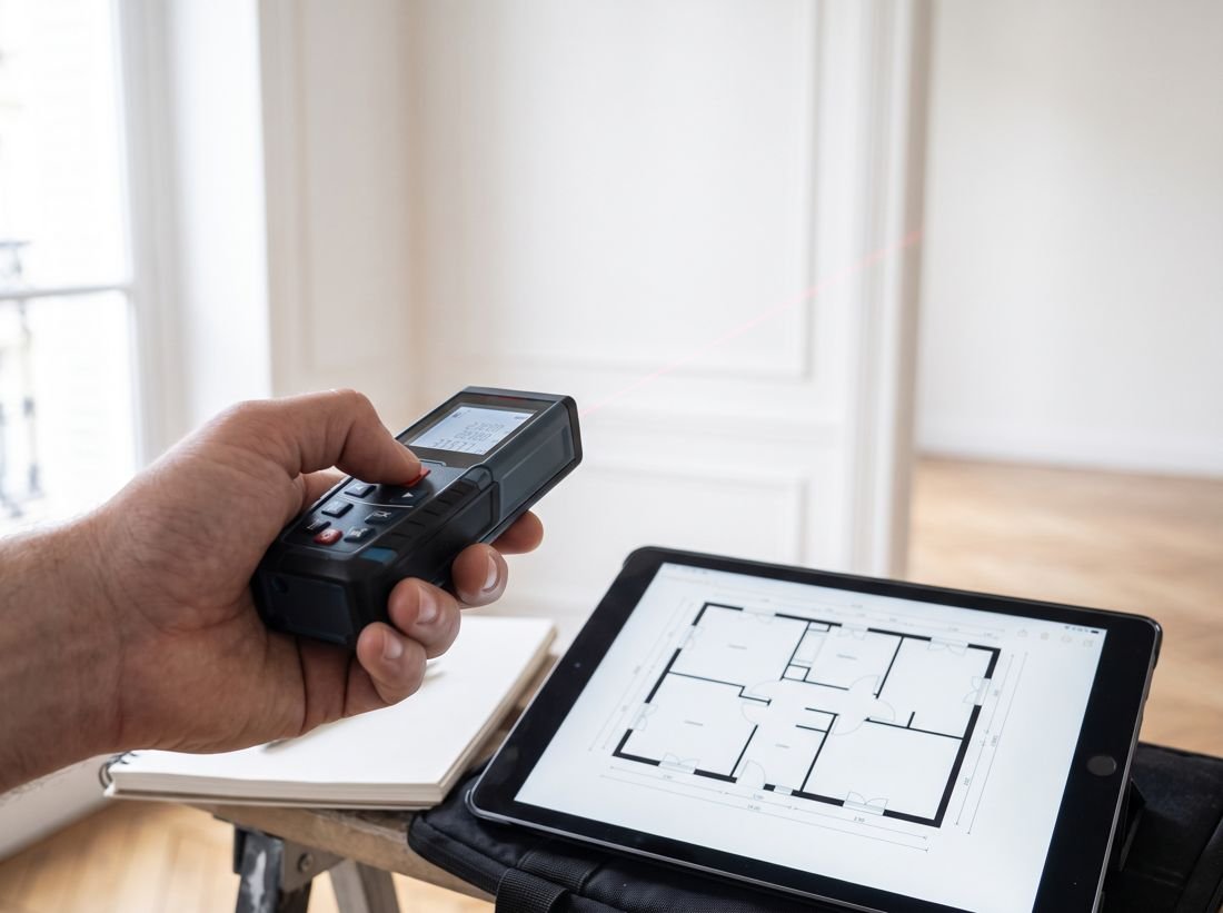 Main tenant un télémètre laser à côté d'une tablette affichant un plan